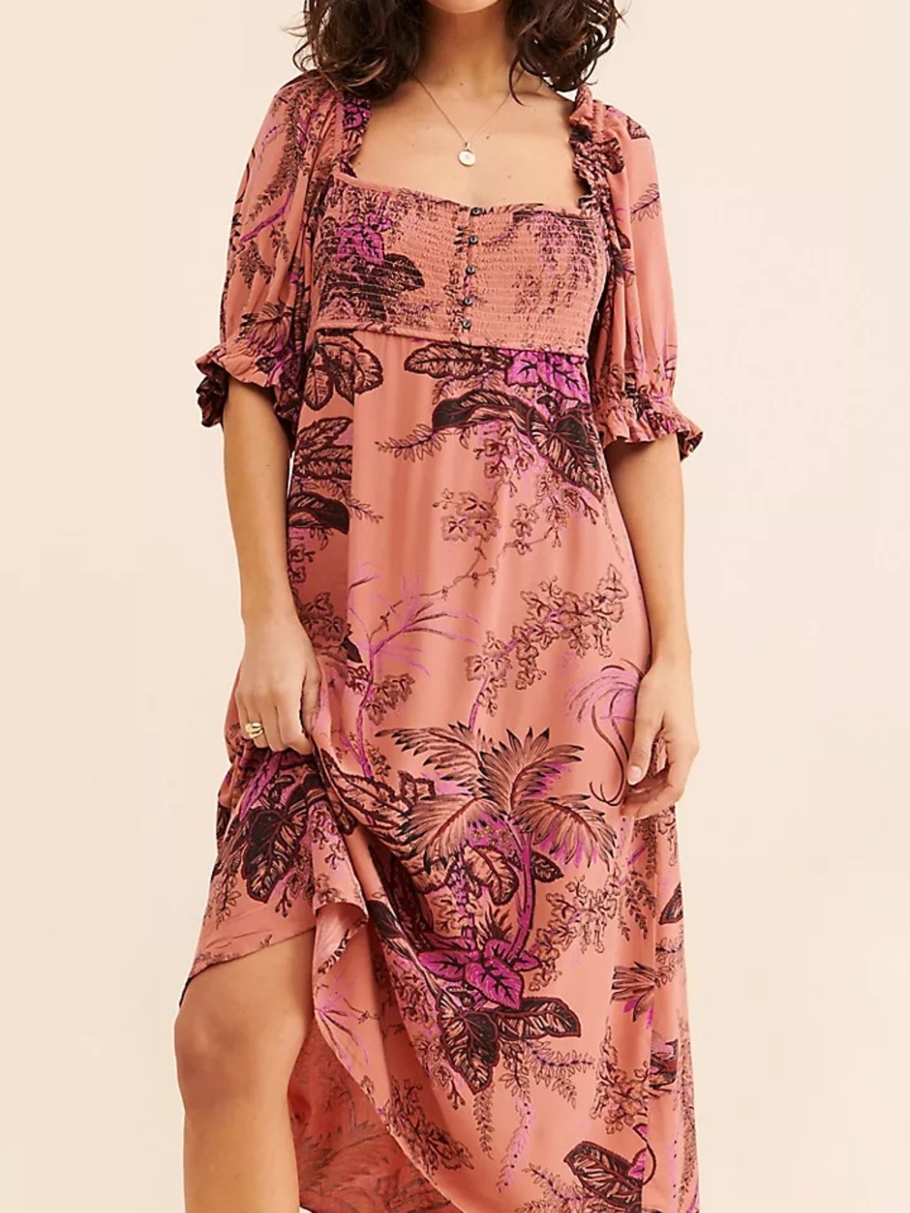 Anthropologie smocked bodice floral print midi with puffed sleeves